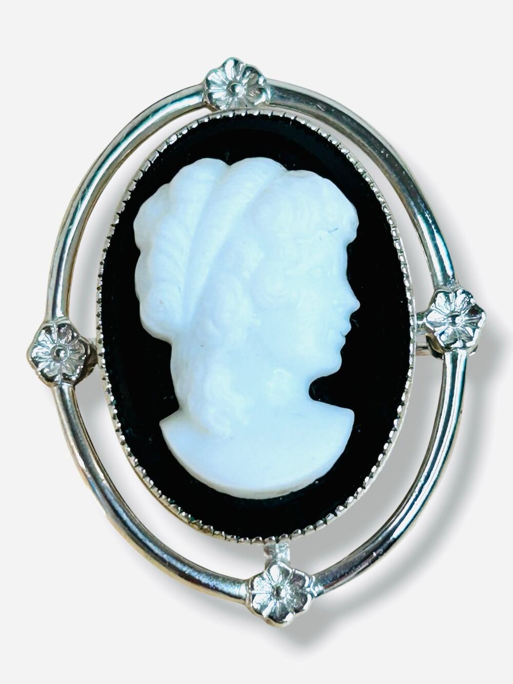 Vintage AMCO 14K GF Black Onyx Glass Cameo Brooch Pin White Gold Filled 1950s